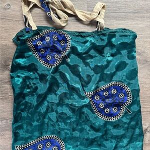 Teal and Blue Patterned Silk Tote Bag